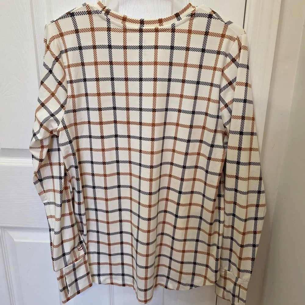 Cuddl Duds Cream and Brown Plaid Long Sleeve Top - Picture 3 of 3
